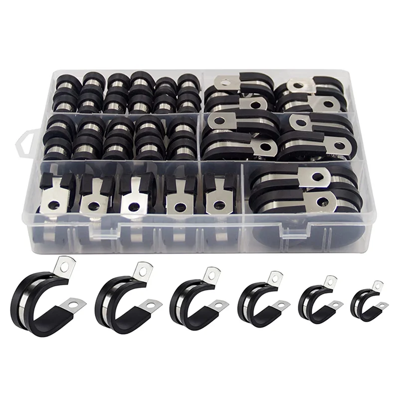 Cable Clamp Assortment Kit Stainless Steel Rubber Coated Cushioned Insulated Cable Clamp Automotive Wire Pipe Clamp