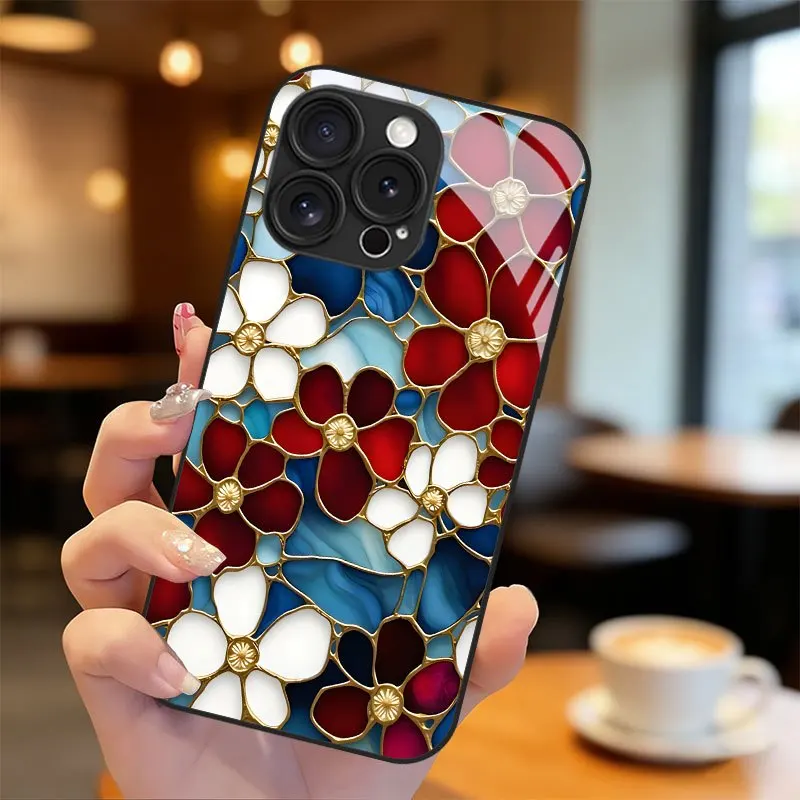 

Red, blue & white floral design patterns Tempered glass phone case For iphone 17 Air 16 15 Promax14 Pluss 13 12 11 Pro Black