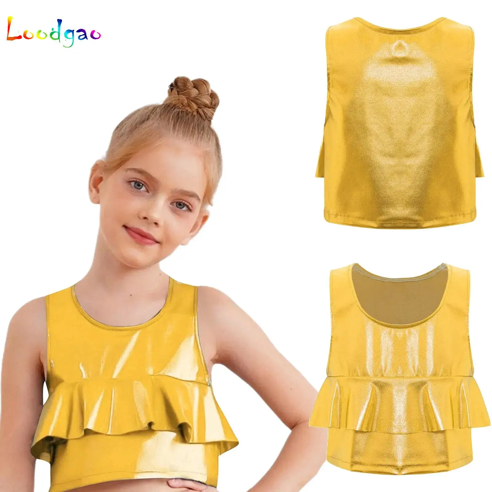 

Kids Girls Metallic Ruffled Vest Top Girls Glittering T-Shirt for Halloween Carnival Birthday Performance Jazz Party Costume