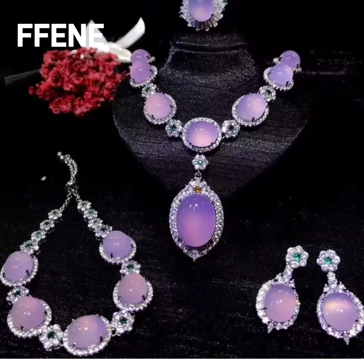 

Luxurious temperament 4pc jewelry light purple jadeite pendant set with Burmese full green jade pendant pigeon egg face jewelry