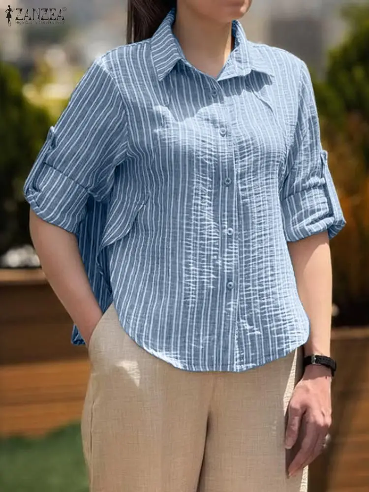 

ZANZEA Повседневные женские полосатые рубашки с отложным воротником и половиной рукава, рубашка на пуговицах с разрезом по подолу, летняя стильная дизайнерская женская одежда