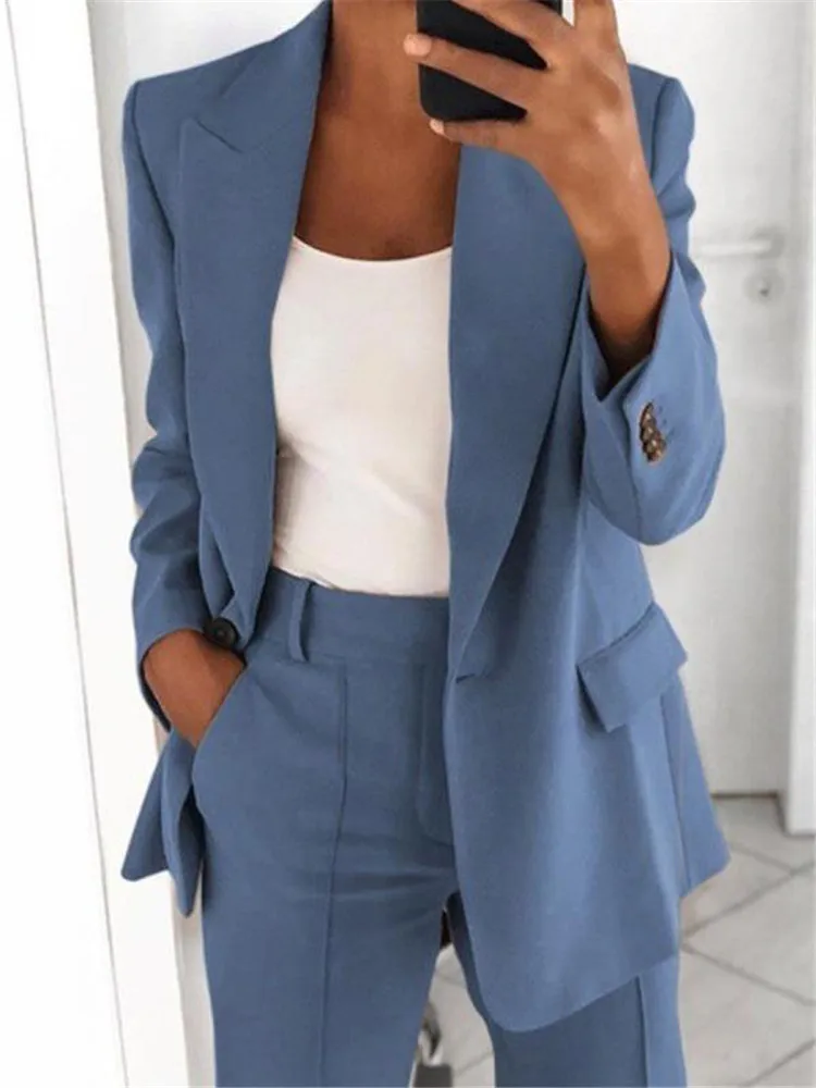 Women's Two-piece Suit Solid Color Lapel Long Sleeved Suit Casual Long Pants Set 2024 Autumn