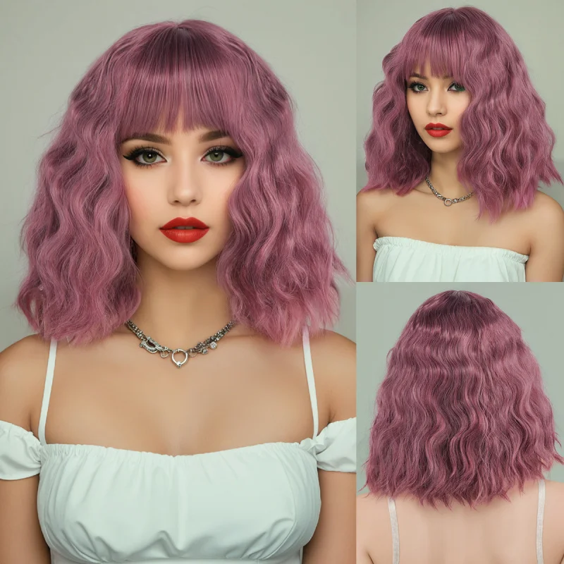 

Bob hair with bangs, water wave short curly , full head wig