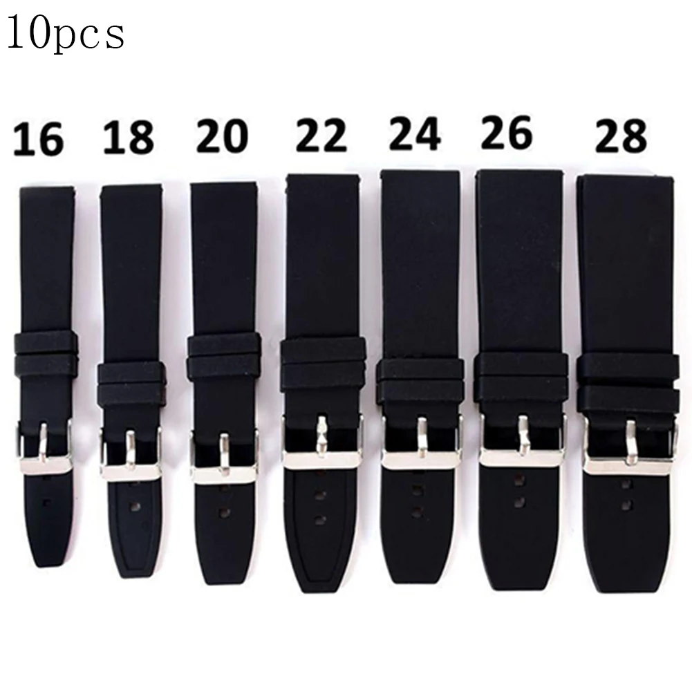 10pcs 16mm - 28mm Waterproof Solid Soft Silicone Buckle Black Watch Strap Band Replacement Watchband Belt Watch Accessories
