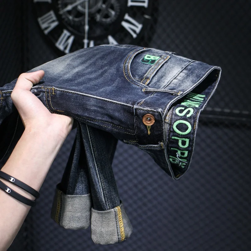 Washed Blue Jeans Men's 2024 Spring and Autumn New Street Slim-Fitting Small Straight Retro Distressed Long Pants