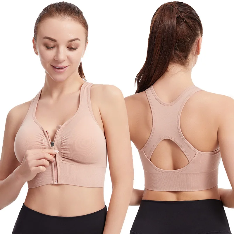 Women Sports Bra Shock Absorbing Support Plus Size Running Yoga Fitness Activewear Hollow Back Design Front Zipper Underwear