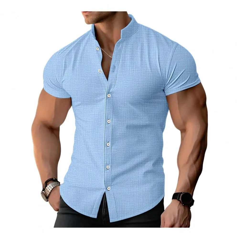 Men Slim Fit Shirt Short-sleeved Shirt Stylish Men\'s Stand Collar Cardigan Shirt for Summer Business Casual Wear