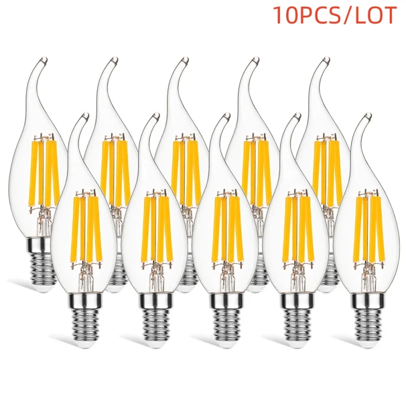 10X เอดิสัน C35เรโทรโคมไฟ LED C35L 2W 4W 6W AC 220V 230V ไส้หลอด E14ปลอกแก้วโคมไฟสไตล์วินเทจ