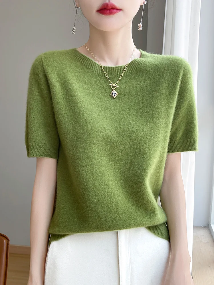 

Wool short sleeved round neck women's casual and fashionable Merino knit sweater