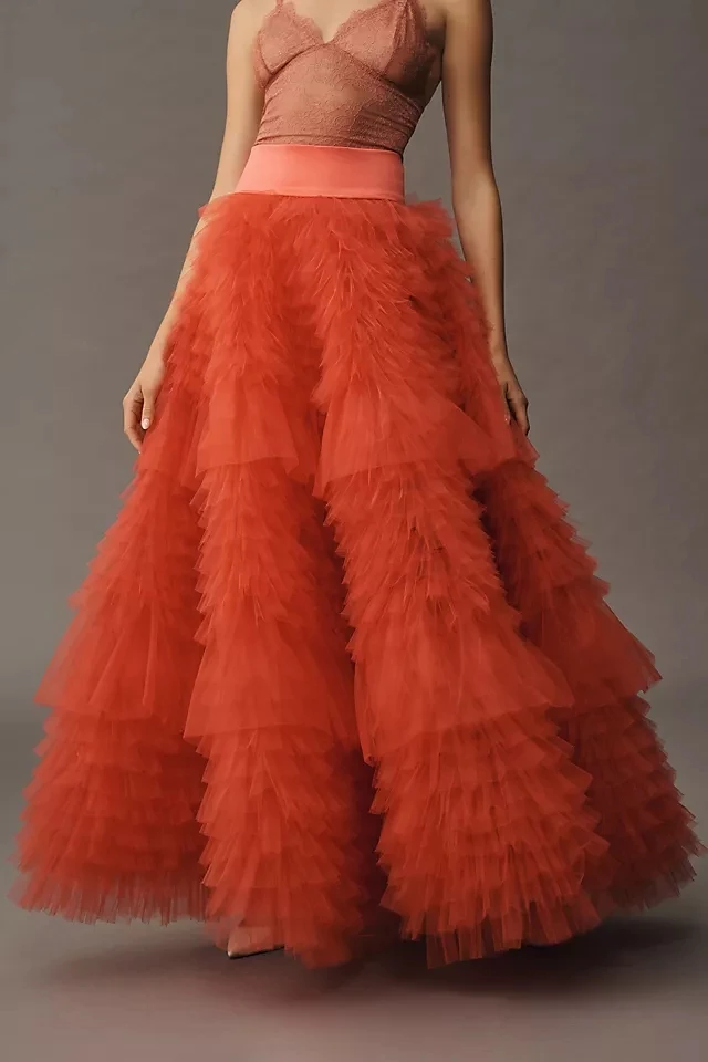 High End Coral Fluffy Tiered A-line Long Tulle Skirts Zipper Waistband High Quality Volumn Tutu Tulle Bridal Skirt Maxi Skirt