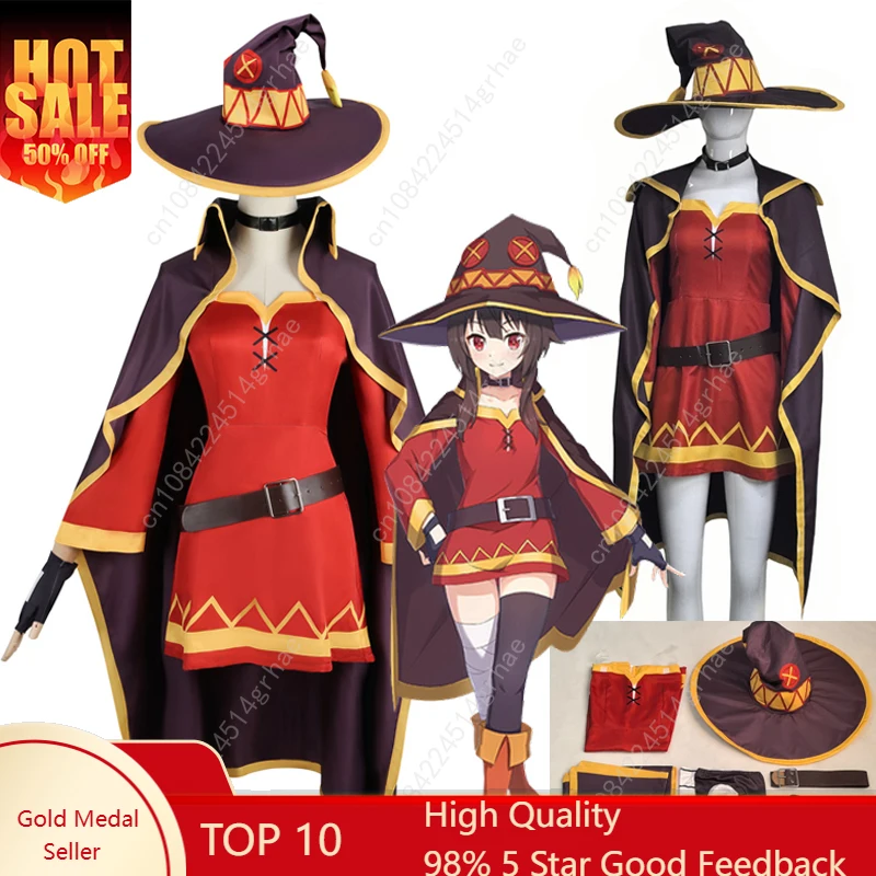 

Anime KonoSuba Megumin Cosplay Costume Classical Witch Costume Uniform Cloak Hat Blindfold Stocking for Halloween Party Women
