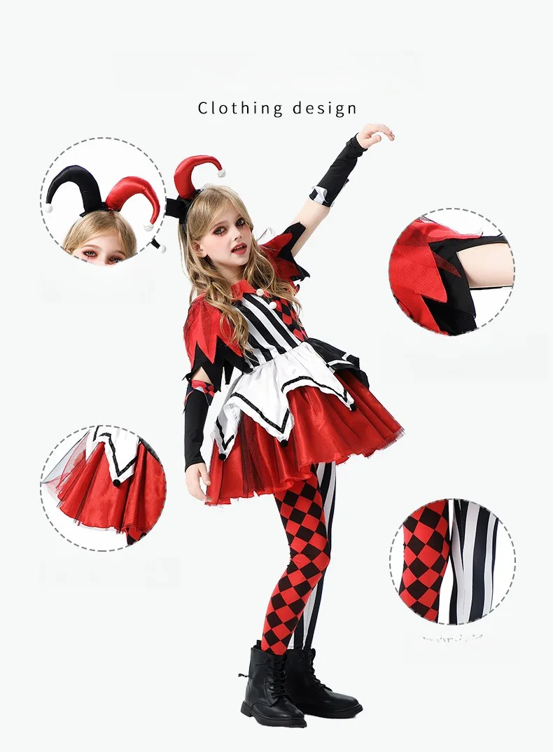 Clown Suit Halloween Costumes Girl Dress Up Party Carnival Stage Performance Dresses Pants Cosplay Headwear Clothes Sets