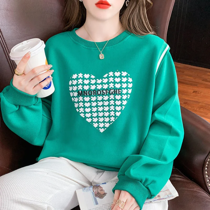 Women\'s Long Sleeve O-Collar Hoodies Fake Two Letter Printing Green Love, Thin, Classic, Long Sleeve, Autumn, Lady Top, Fashion