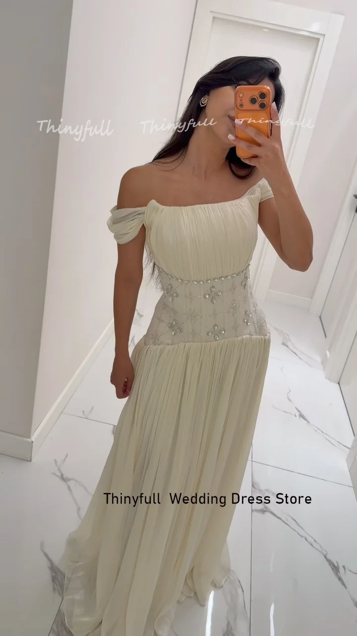 Thinyfull A-line Off Shoulder Prom Dresses Sleeveless Crystals Shiny Satin Evening Dress Party Gown Robe De Soirée Customized