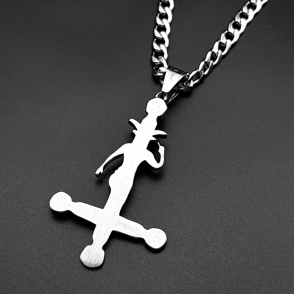 Baphomet Goat Satanic Satan Demon Devil Inverted Cross Pendant Necklace for Women Men Stainless Steel Silver Color Retro Jewelry