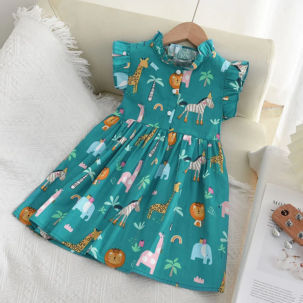 Cartoon Print Baby Girls Princess Dress New Fashion Summer Floral Toddler Kid Party Clothes Children Vestido