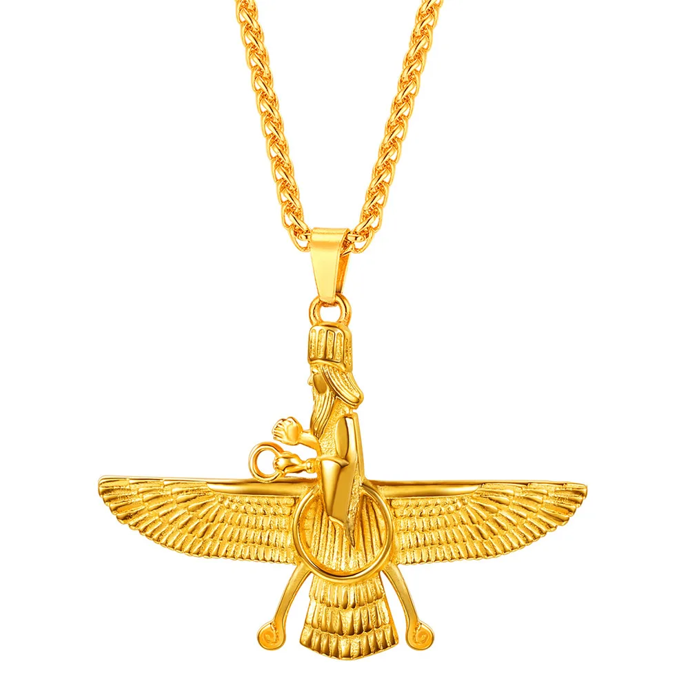 Collare Faravahar Ahura Mazda Pendant Men Iran Jewelry Stainless Steel Zoroastrian Gold/Black Color Iranian Necklace Women P825