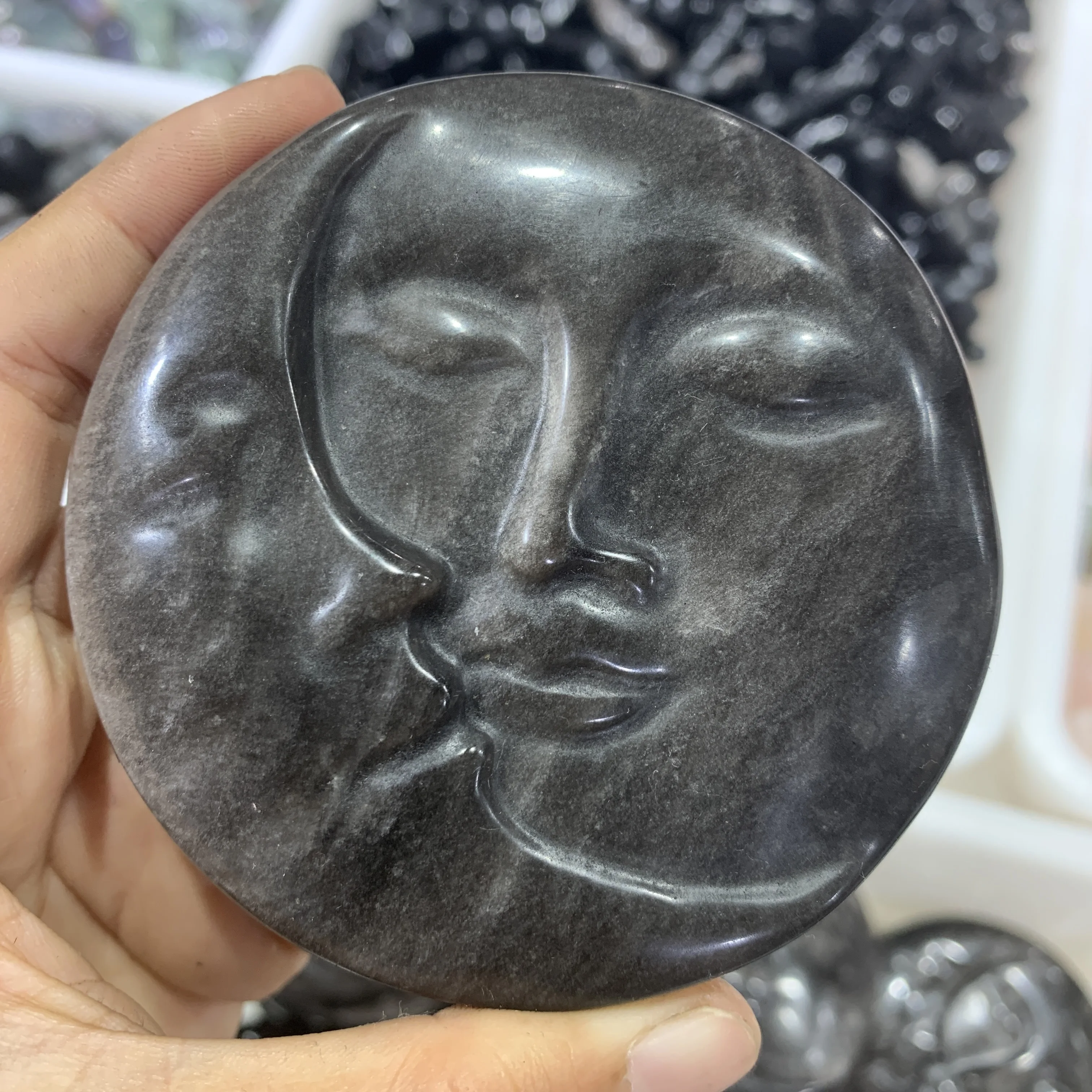 8~9cm Sun Moon face Natural Silver Obsidian carved  Sun and Moon face for decor