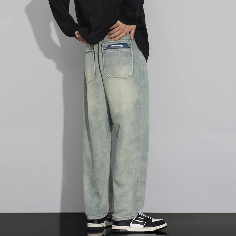 개인화 된 포켓 빈티지 청바지 남성 패션 성격 느슨한 바지 한국 캐주얼 스트레이트 데님 바지 남성 가을 의류
