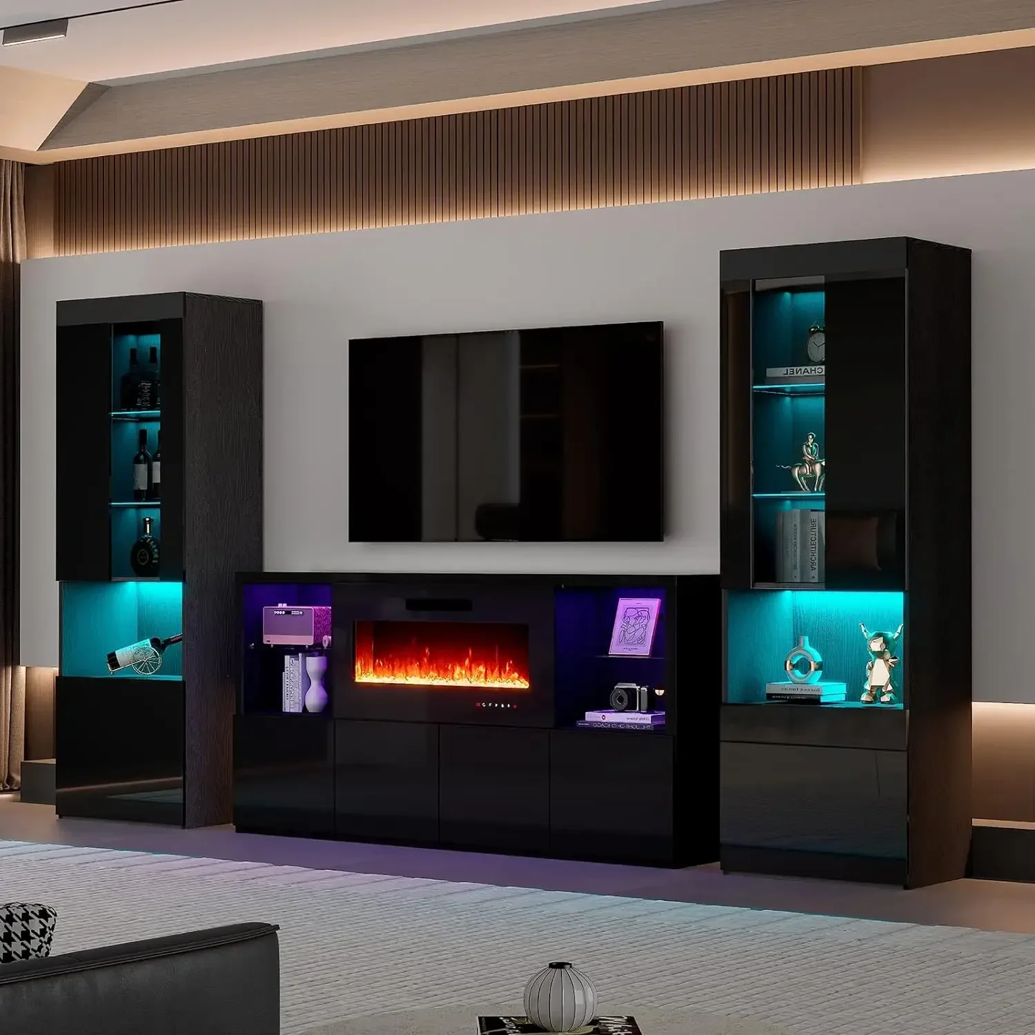 #For 3Piece Modern High Gloss Fireplace TV Stand+Bookcase Set for Living Room, 68