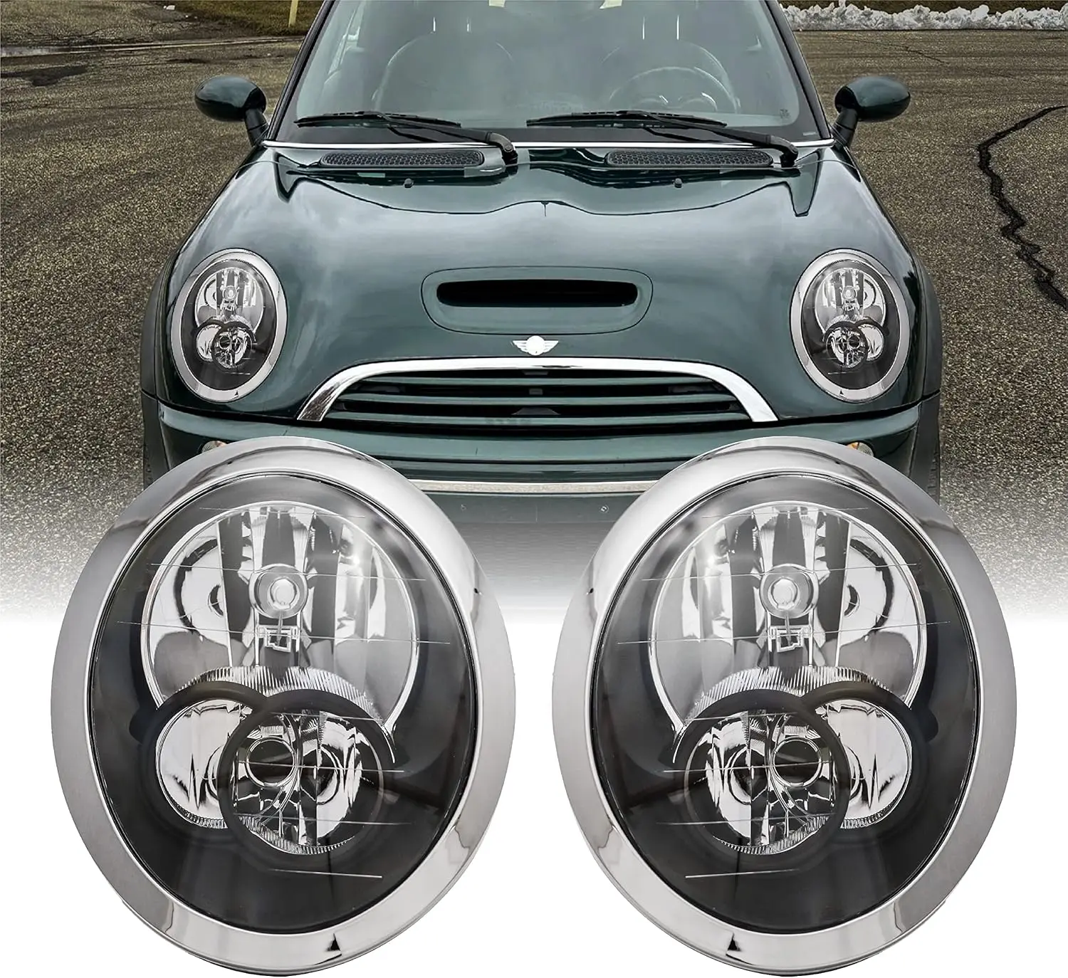 

R50 R52 R53 Black Housing Headlights - Headlamps Set (Left + Right) Compatible with 05-08 Mini Cooper Convertible + 02-06 Hatch