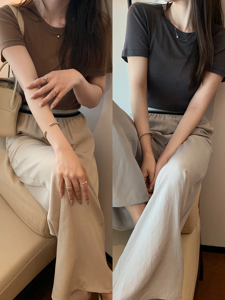 

Comfortable Casual Wide Leg Pants Real Wearable Acetate Trousers by Dajos round Ne ort Sve mid Length Loose Fit