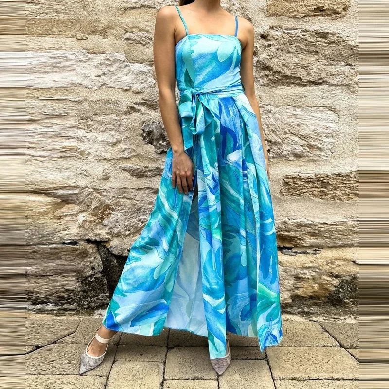 

Elegant Lady Backless Rompers Fashion Contrast Color Printed Halter Jumpsuits Summer Sexy Hollow Out Sleeveless Loose Playsuits