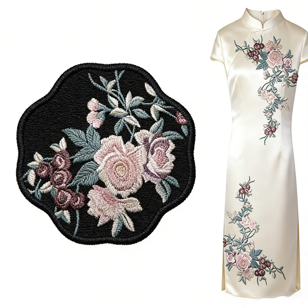1 Piece Pink Green Flower Embroidery Patch Repair For Clothing Clothes Appliques Sew On Cloth 47*37cm
