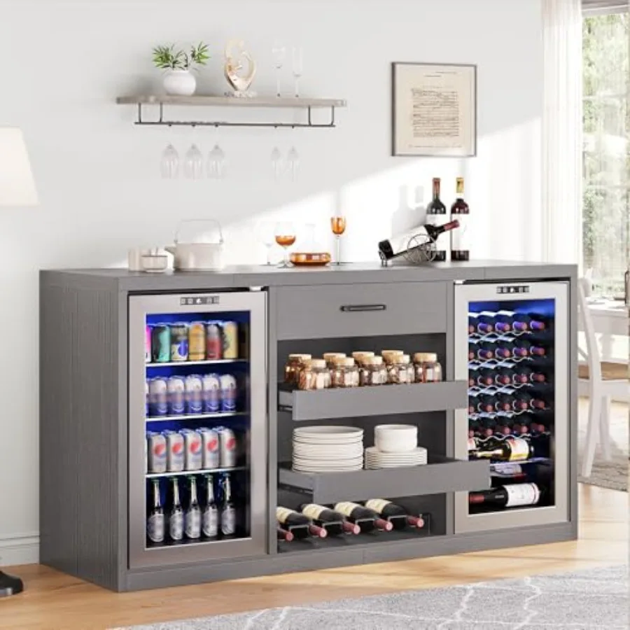 Large Coffee Bar Cabinet with Fridge Space Mini Fridge Cabinet with Pull-Out Drawer and Power Outlets Farmhouse Design Liquor C
