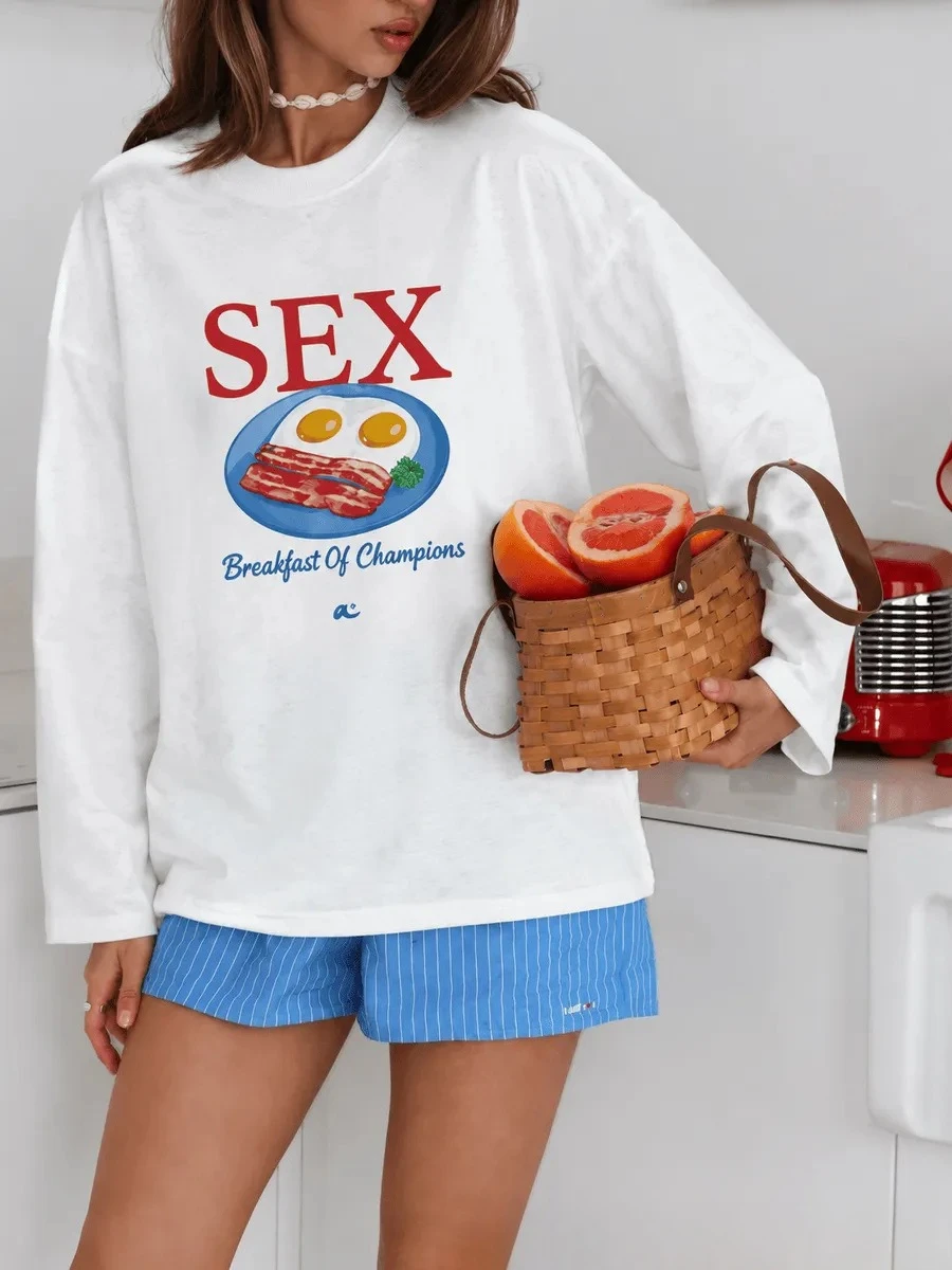 Women's 100% Cotton Long Sleeve T‑Shirt Spring Autumn New Chic Fried Egg Print Loose Fit Soft Daily Basic Top