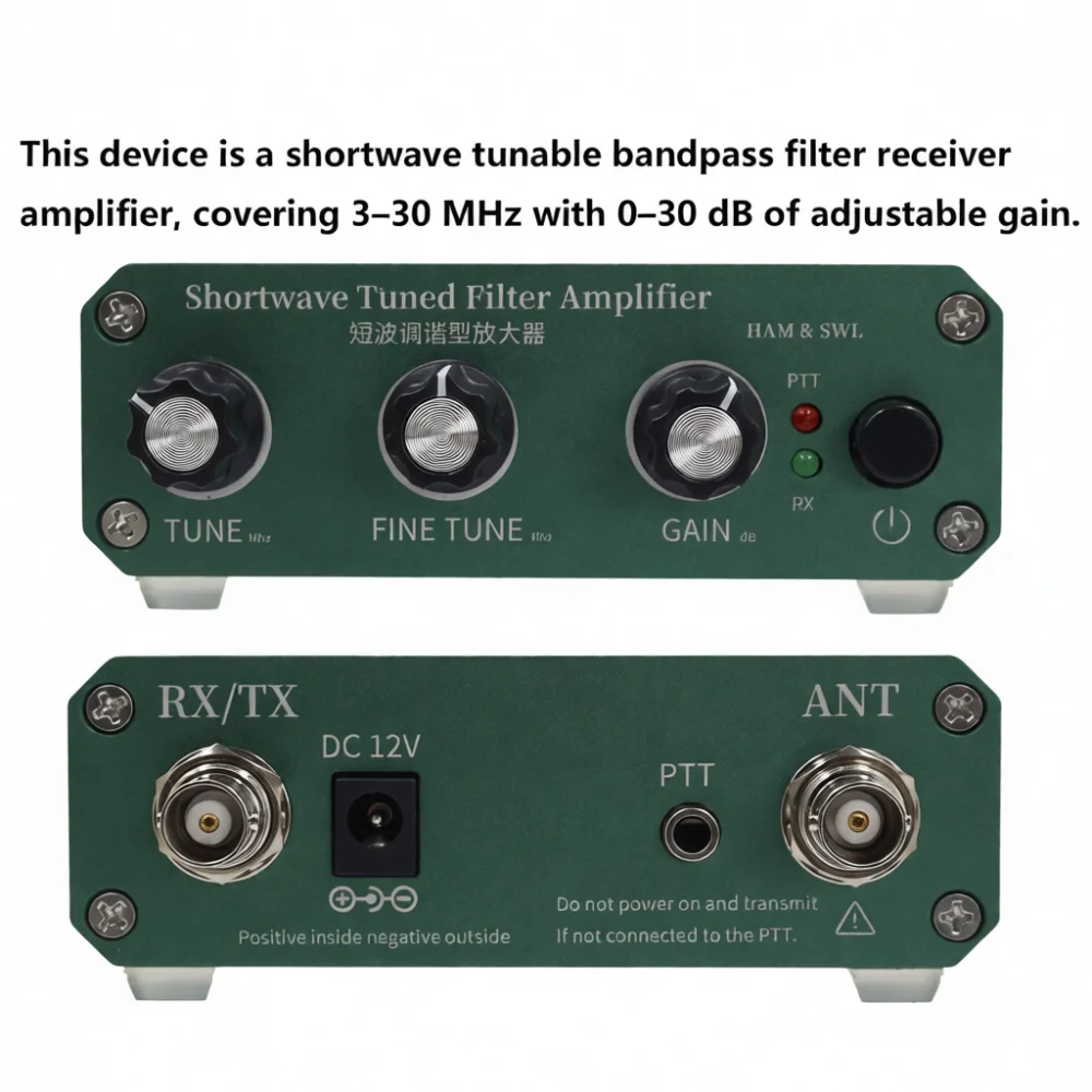 Shortwave Signal Amplifier 3 30MHz Adjustable Gain 0 30dB HF Radio Booster Transceiver Gear Transmit Pass Mode Device