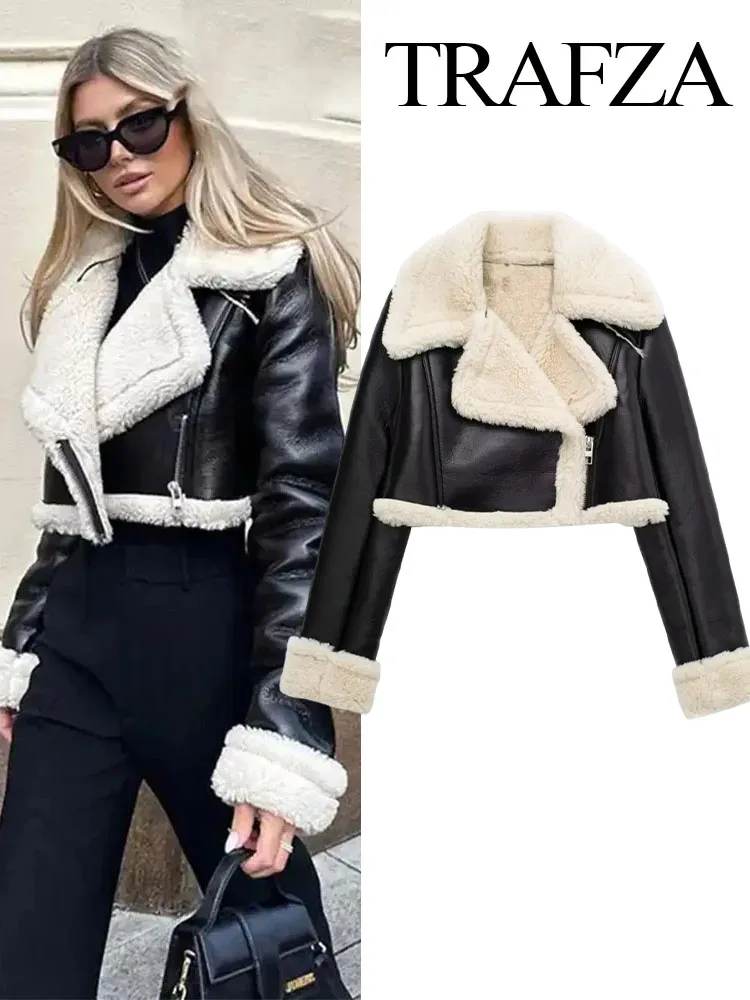 TRAFZA Women Fashion Warm Thick Lapel Lambswool Coat Solid Front Zipper Jacket Female Vintage Lapel Neck Long Sleeves Outerwear