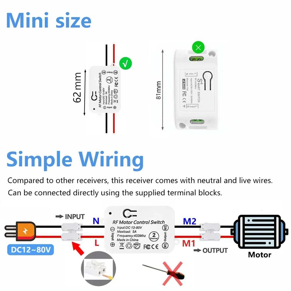 Uniwersalny bezprzewodowy pilot zdalnego sterowania 433 MHz, przełącznik silnika 433 MHz, moduł odbiornika 12V 24V do sterowania silnikiem prądu stałego i bramą automatyczną. — zdjęcie produktu 3