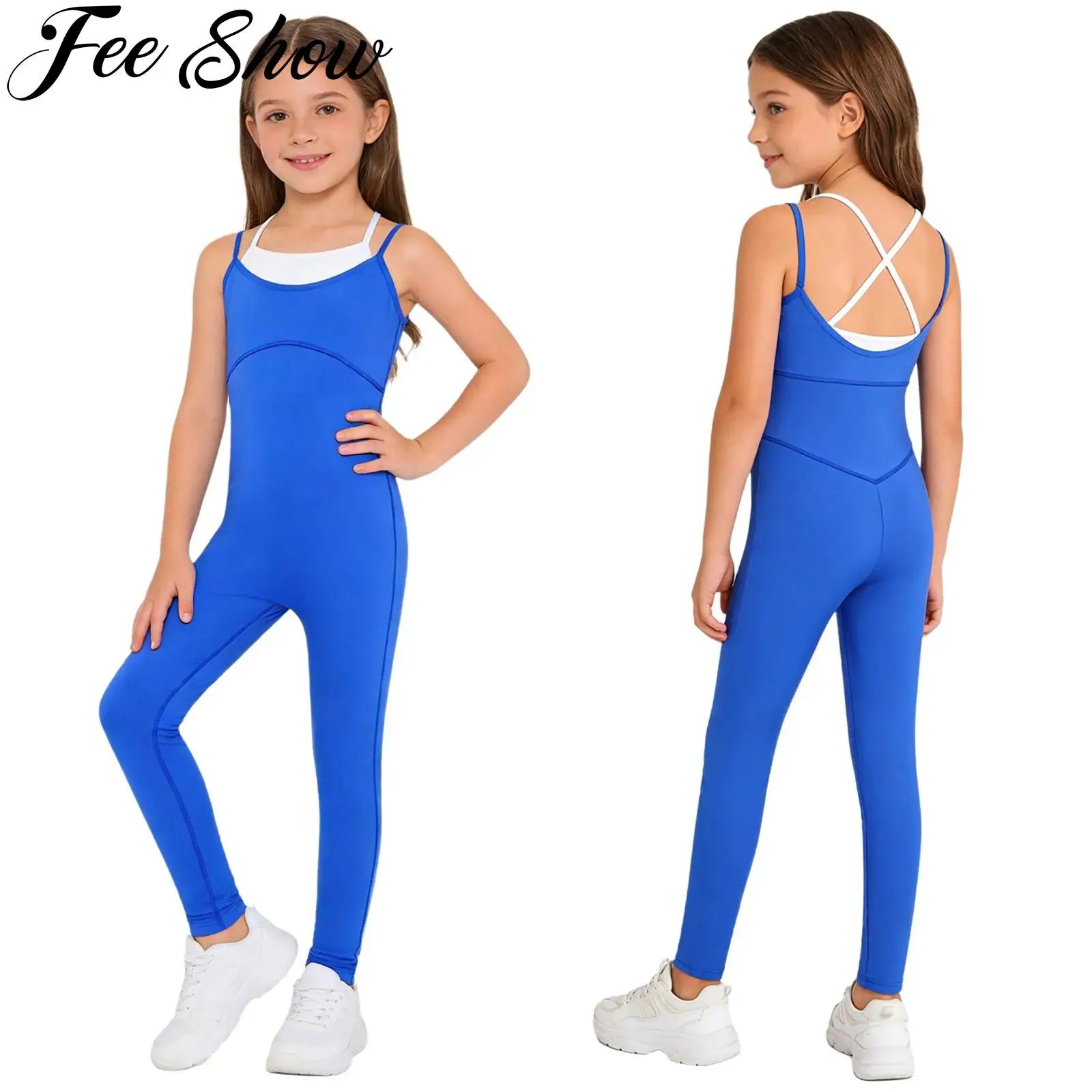 Kids Girls Gymnastics Ballet Dance Jumpsuit Spaghetti Straps Cross Back Double-Layer Camisole Bodysuit for Yoga Workout Training