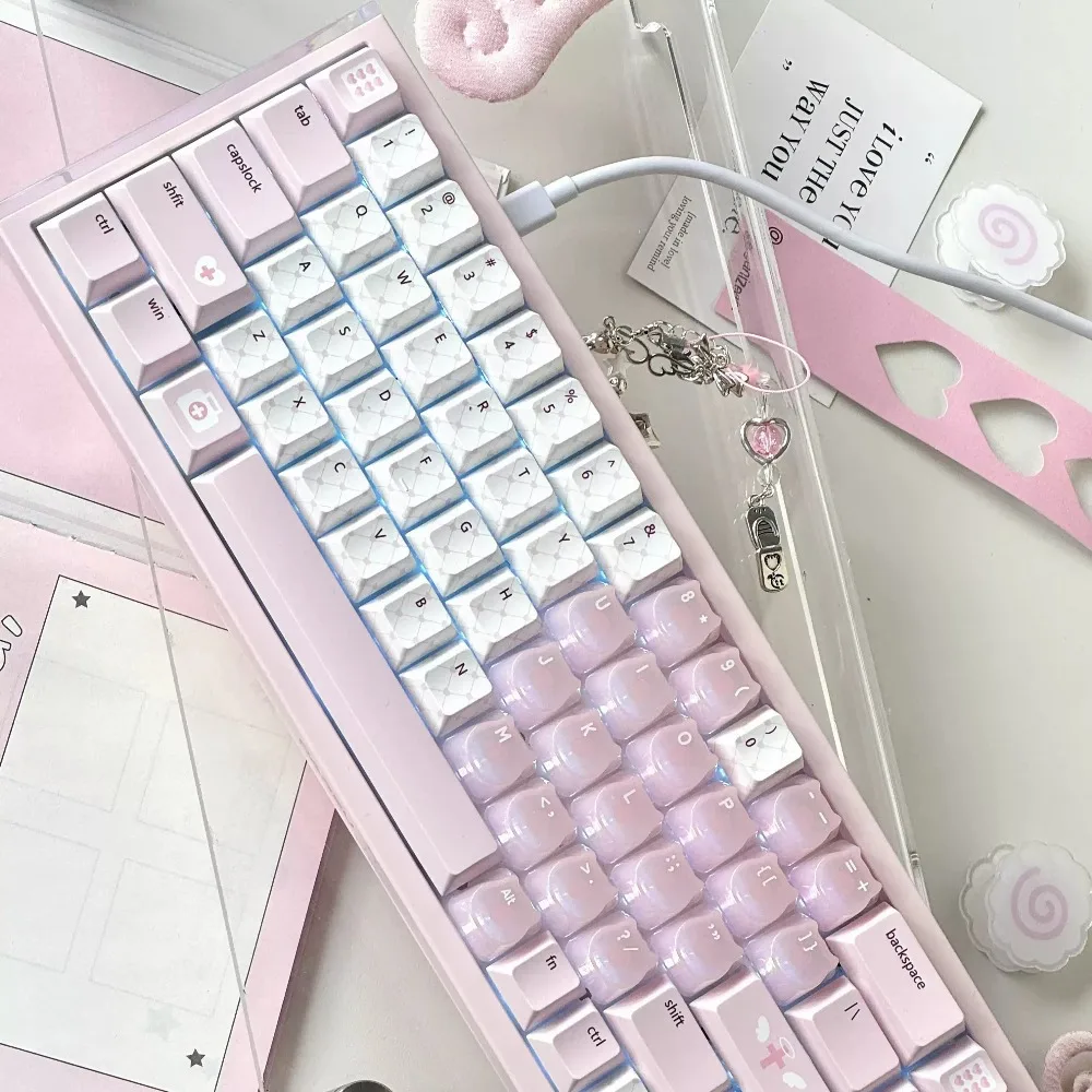 Cat Ear Theme Pink Keycaps Set PBT Sublimation PC Keyboard Caps Custom Cherry Profile Keycaps for Mechanical Keyboard Accessory