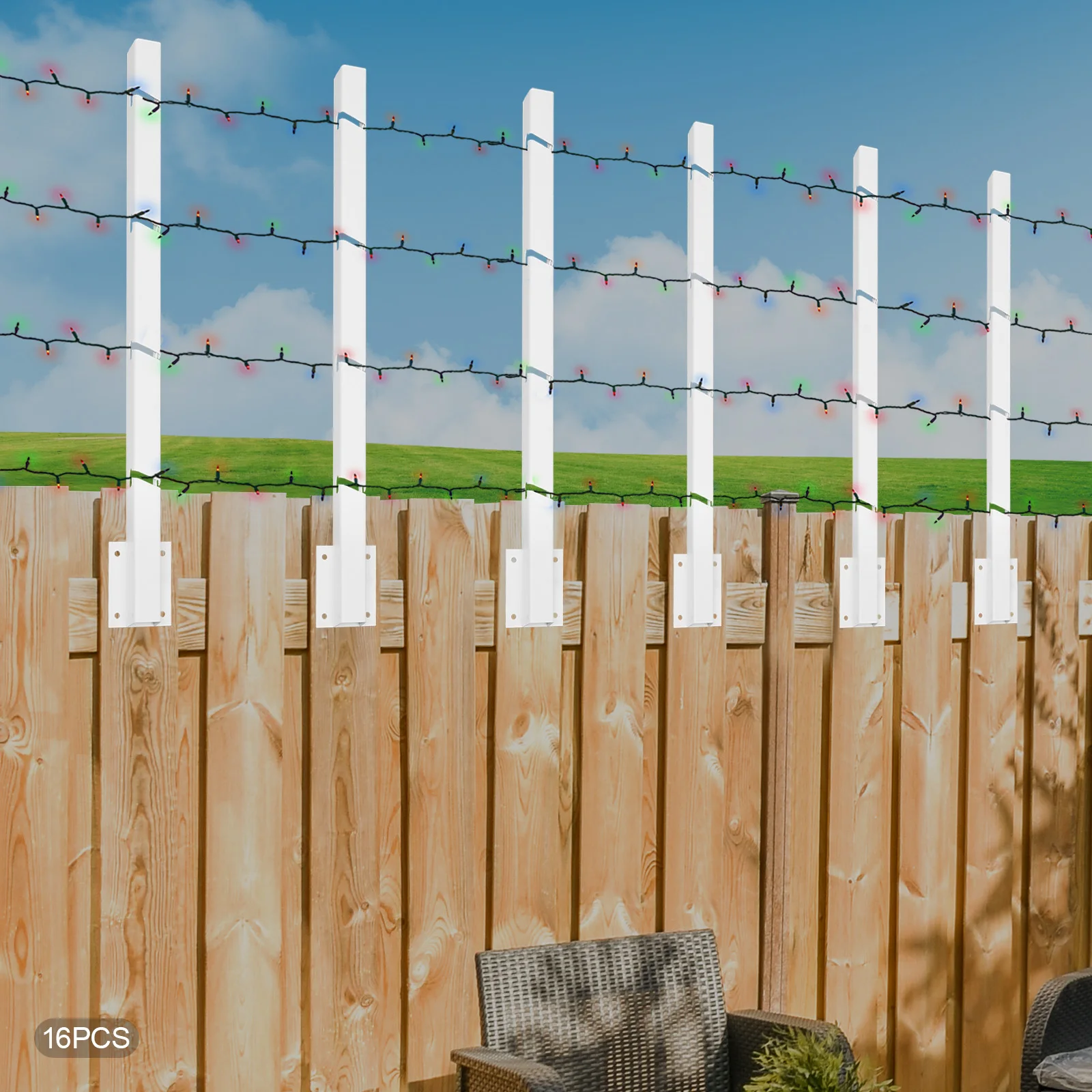 16PCS White Fence Post Extender Steel Rectangle Fence Post Extenders Outdoor Fence Wire Mesh Extension Arms Multiple Openings