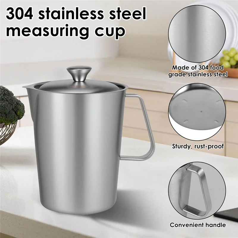 

BYBS-Stainless Steel Measuring Cups Stainless Steel Milk Jug 2L With Lid For Cooking In The Kitchen Latte Coffee Cappuccino