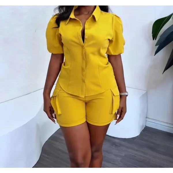 

Elegant 2 Pieces Outfit Woman Fashion 2025 Summer Sexy Plain Puff Sleeve Button Front Blouse Casual Pocket Design Shorts Suit