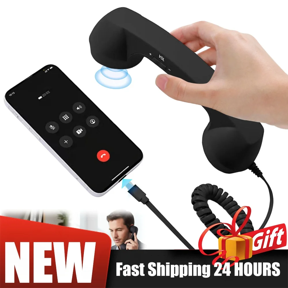 Retro Phone Handset Type-C Landline Handle Receiver Ergonomics Creative Telephone Head Set for Cell Mobile Video Conferences