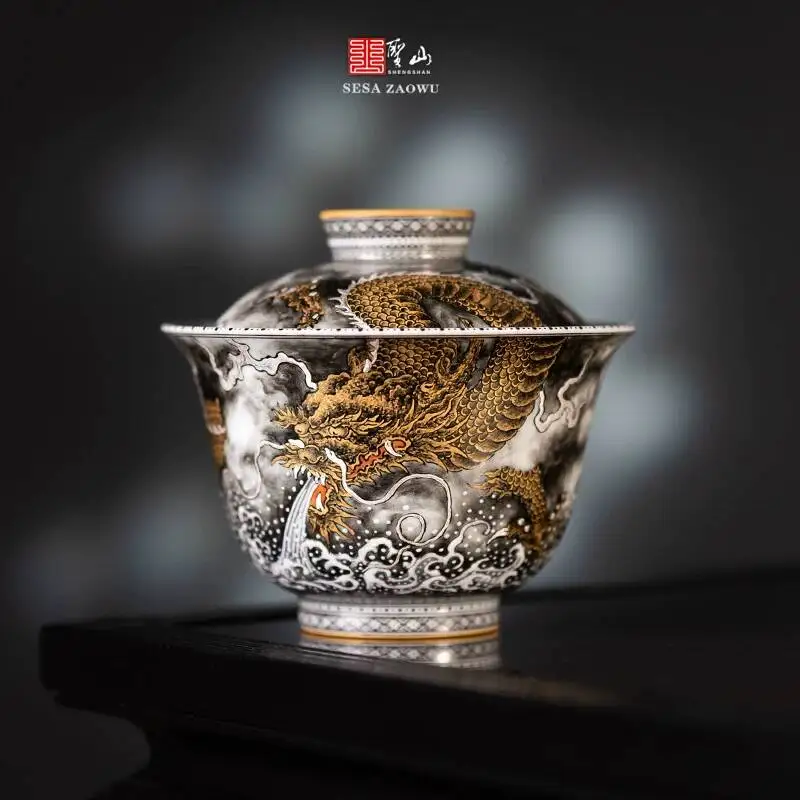 Jingdezhen Shengshan High-End Pastel Green-Edged Set Hand-Painted Gold Dragon Spitting Mist Gaiwan Cup Tea Bowl