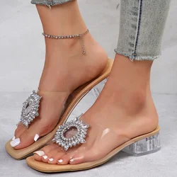 New Hot Women Fashion Slippers Shoes Woman Transparent Rhinestone with Medium Heel Slippers Open-Toe Female Plus Size 43 Shoes