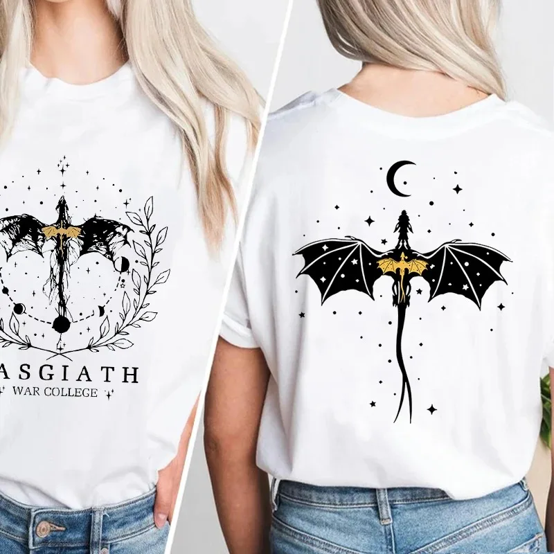 Basgiath War College T-shirt Double-side Print Fourth Wing Tshirt Dragon Rider Dark Academia T Shirt Cotton Short Sleeve Tops