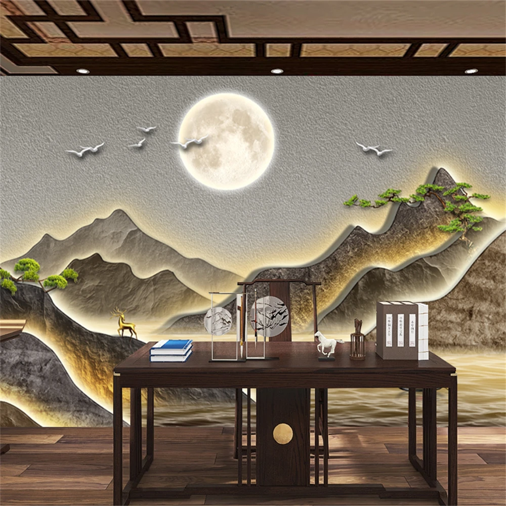 

Изготовленная на заказ рокарий, офис, чайная комната, на основе горных фресок, ТВ-фон, вода, богатство, птицы, струящиеся обои для гостиной