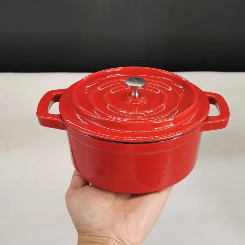 Enamel Cast Iron Porriage Pot, Mini Stew Pot, Red Orange, 14cm, 500ml, 1 People Use