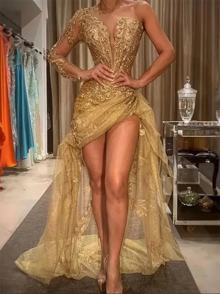 

Gold Long Sleeves Tulle Applique One Shoulder Lace Floor Length Mermaid Prom Dresses Ruched Evening Gowns vestido de festa