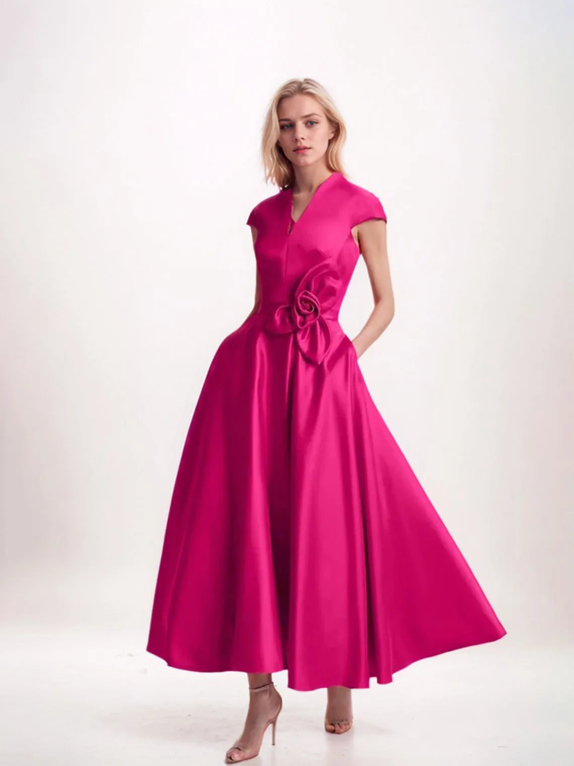 

Elegant A-Line Semi Formal Prom Gown Satin V Neck Tea-Length Dress with Cap Sleeve Bow Wedding Guest Dress 2025 Free Customized