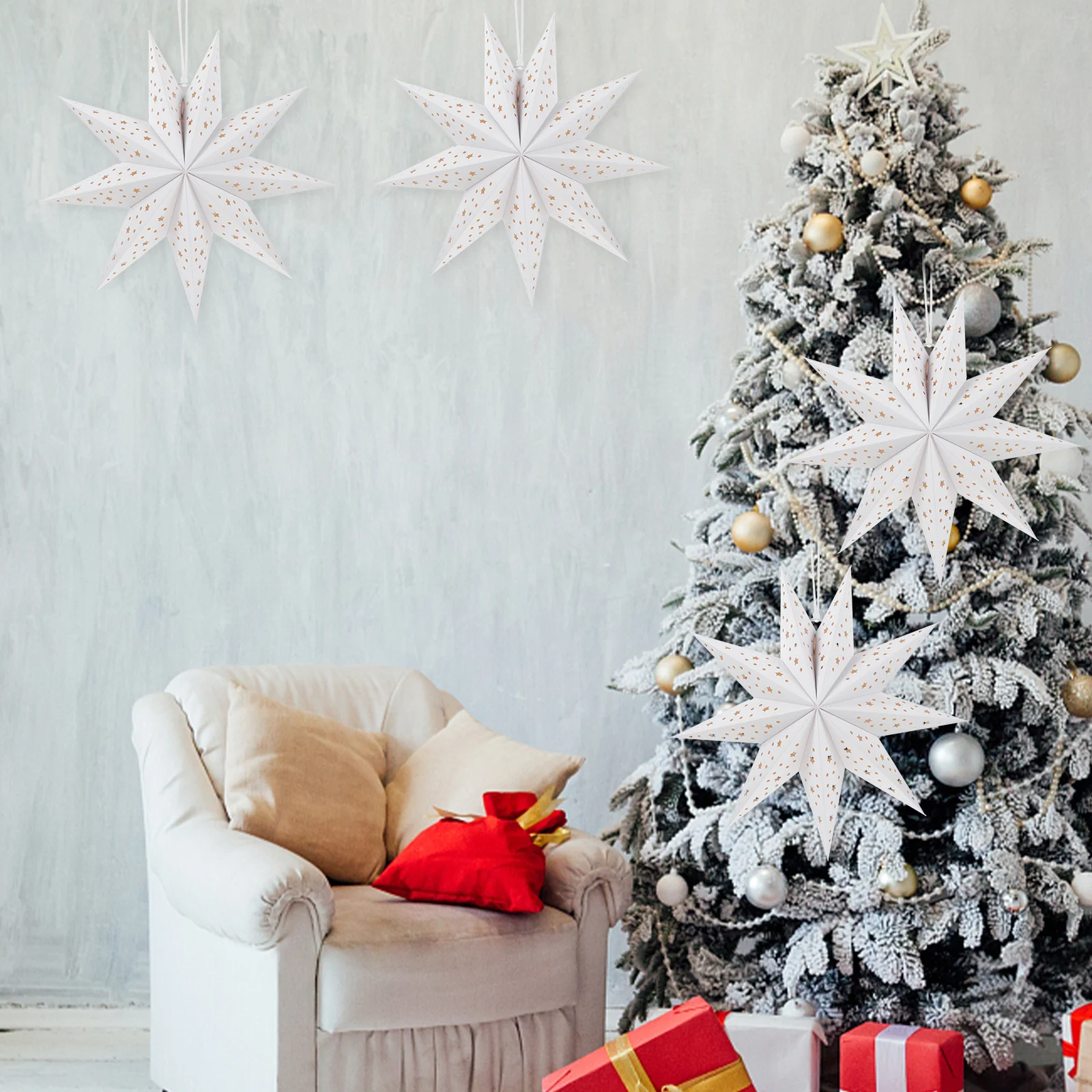 

Warm 3D Paper Christmas Pendant Lamps 3pcs Star Shaped Lantern Shades Decorative Hanging Light Covers Premium Foldable Material
