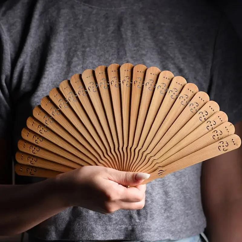 Chinese Traditional Hand Carved Cliff Cypress Folding Fan, Solid Wood Craft Decorative Fan, Classical Art Ornament Gift