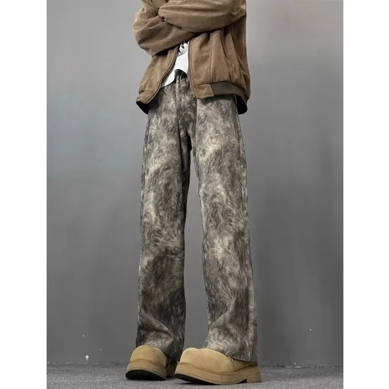 

Men's High Street Straight Leg Camo Tie Dye Jeans Autumn Winter plus Size 5kg Cleanfit Bent Knife Pants American Sle