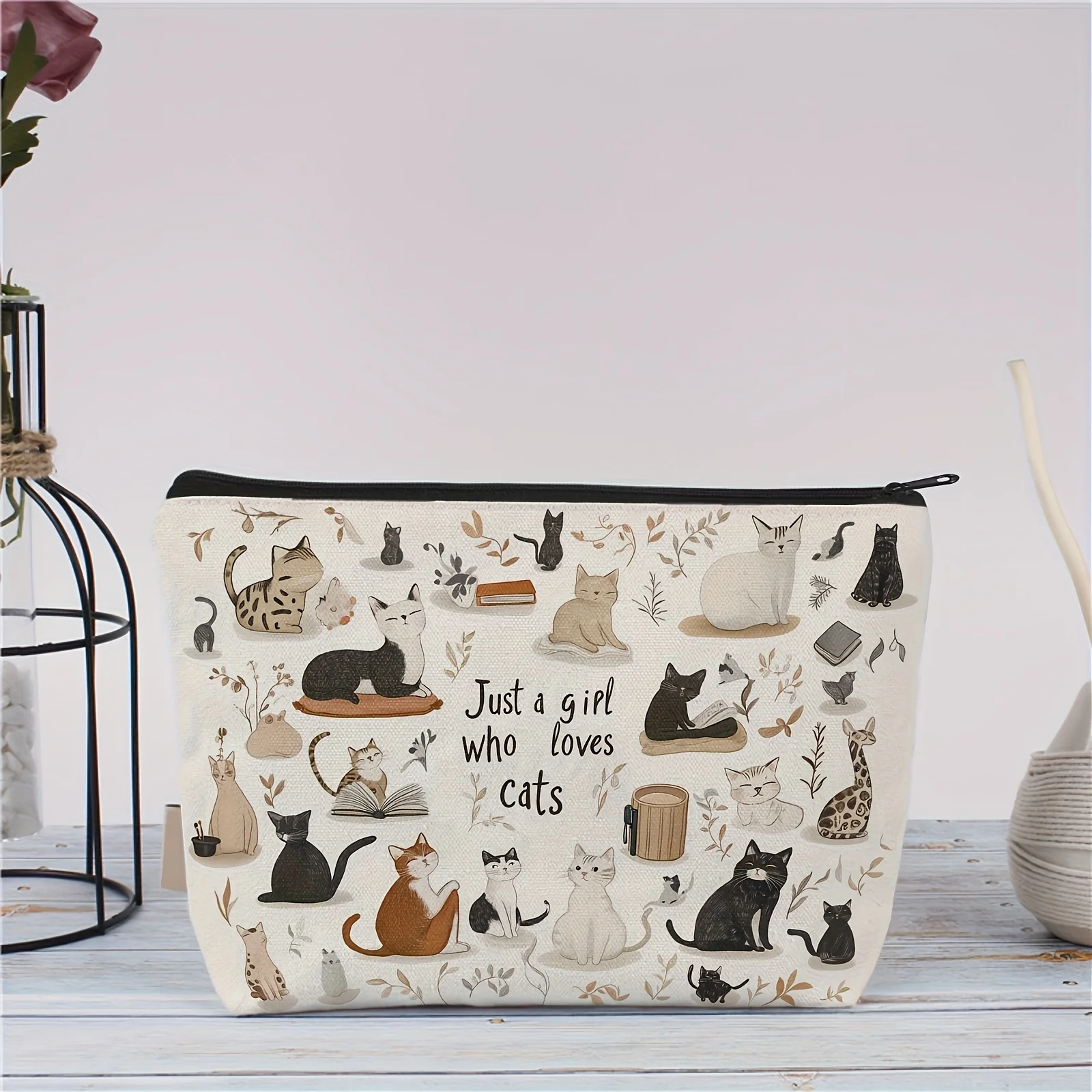 Schicke Kosmetiktasche mit Vintage-Katzenmuster, leichte Make-up-Tasche für Damen und Herren, Münzgeldbörse, Aufbewahrungstasche, Federmäppchen mit Reißverschluss – Detail 6